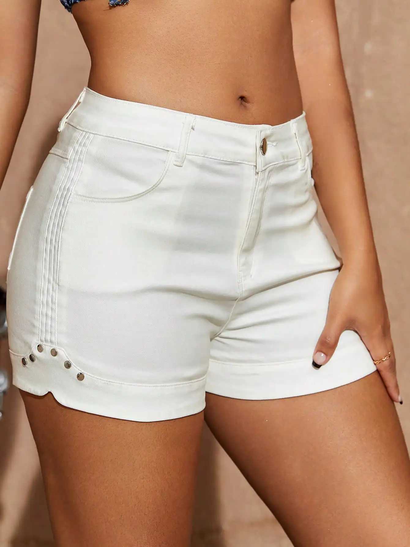 Women's Shorts 2023 Women Out Strt High Waist dded Detail Solid Diagonal Pockets Elastic Slim PU Leather Shorts Motorcycle Girls Cool Wear Y240420