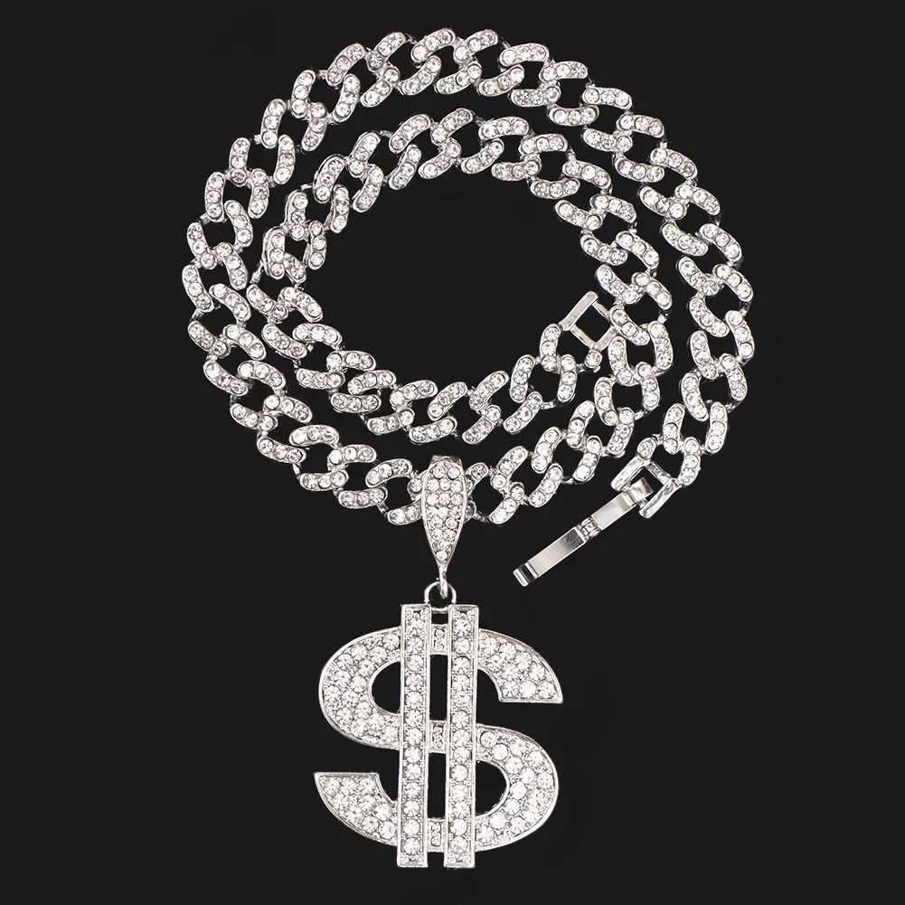 Colliers de pendentif Nouveauté Crystal Dollar Pendant Miami Collier de chaîne de liaison cubaine pour femmes hommes brillants métalliques Cuban Choker Hiphop Party Jewely Y240420