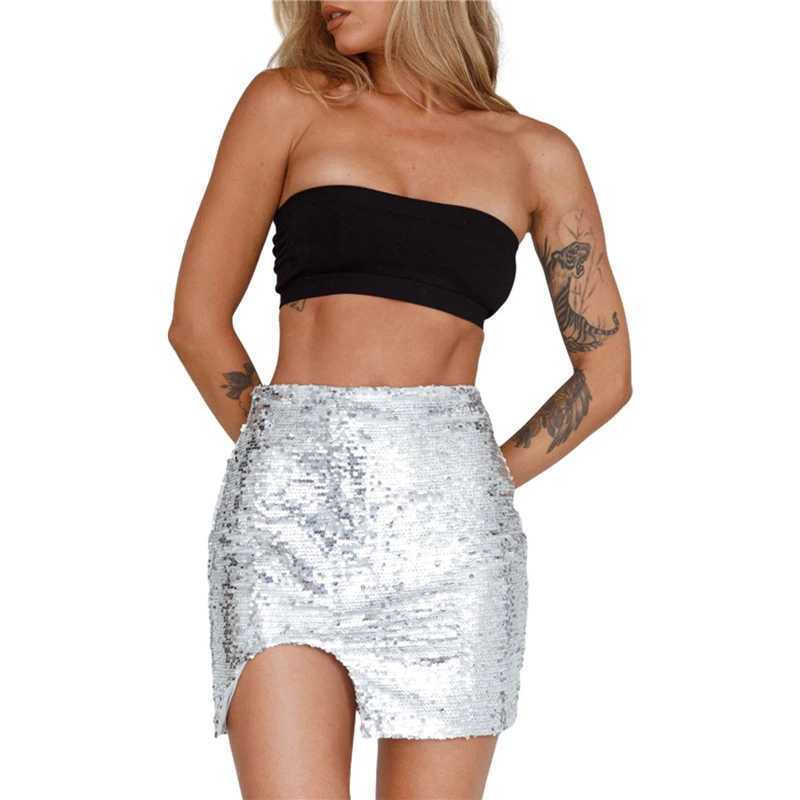 Skirts Xingqing Sequin Glitter Skirt Sexy Women Solid Color High Waist Asymmetrical Split Bodycon Skirt Evening Party Skirts Clubwear Y240420