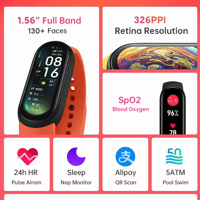 Wristbands Xiaomi Mi Band 6 Global CN Version Smart Bracelet 1.56" Inch AMOLED Colorful SpO2 Heart Rate Fitness Tracker Waterproof Miband6