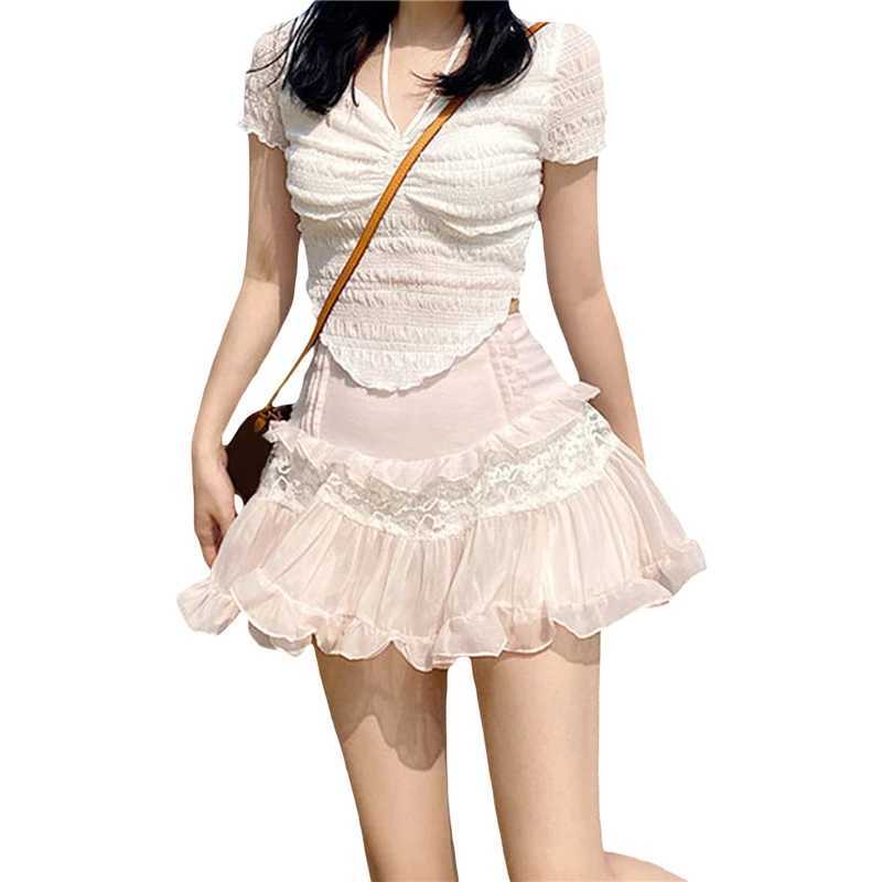 Kjolar xingqing kawaii kjolar kvinnor swt lolita spets lapptäcke hög midje rufs hem en linje veckade kjolar y2k grunge kjol strtwear y240420