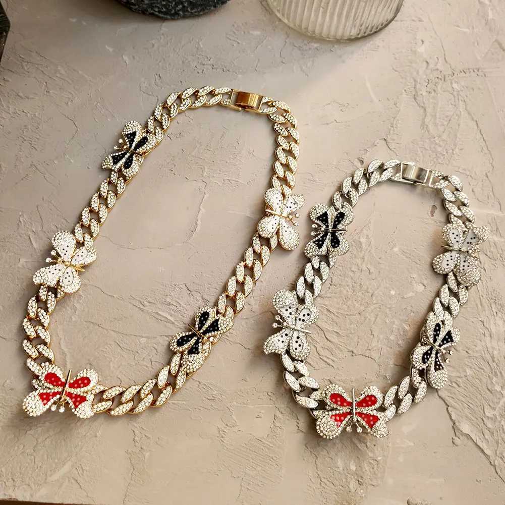 Pendant Necklaces Iced Out Full Rhinestone Enamel Butterfly  Cuban Link Necklace For Women Hiphop Bling Chunky Thick Cuban Choker Punk Jewely Y240420