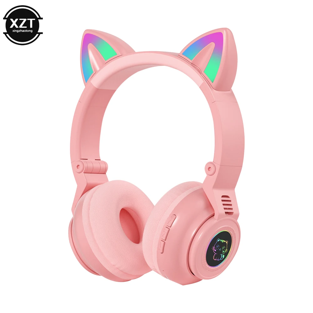 Earphones Bluetoothcompatible Wireless headphones with Mic Cute Cat Kids Girls Stereo Music Gamer Helmet Gaming Headset Support SD card