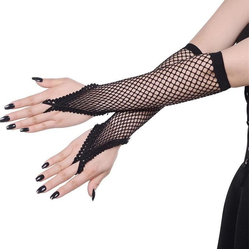 Women Elbow Length Punk Gloves Elastic Fingerless Gloves Touch Screen Mittens Cutout Cross Mesh Gloves Cosplay Party Costumes