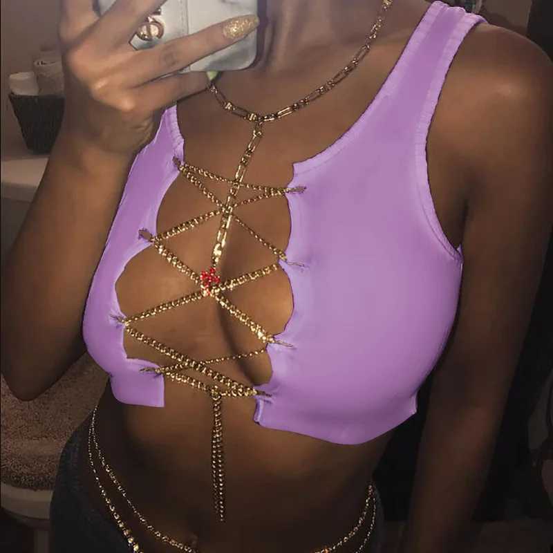 Tanks pour femmes Camis Sexy Top Top Gold Chain enveloppe de poitrine Gradient Halter Crops Crops Femme Bare MIDEVRIF SLveless Sans Cours Camis Camis Top Femelle Y240420