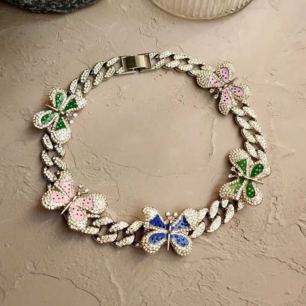 Pendant Necklaces Iced Out Full Rhinestone Enamel Butterfly  Cuban Link Necklace For Women Hiphop Bling Chunky Thick Cuban Choker Punk Jewely Y240420