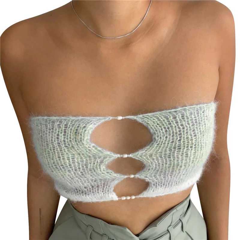 Women's Tanks Camis Xingqing Fairy Grunge Knitted Crop Top Strapless Hollow Out Tube Vest with Pearl Decor 2000s Women Crochet Tanks Strtwear Y240420