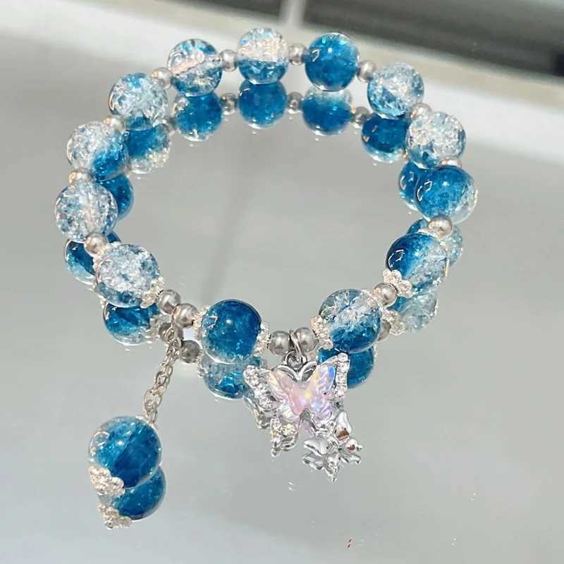 Kedja koreansk ny fjärilspärrad armband för kvinnor flickor färgglada kristallpärlor elastiska rep charm armband party bröllop smycken y240420