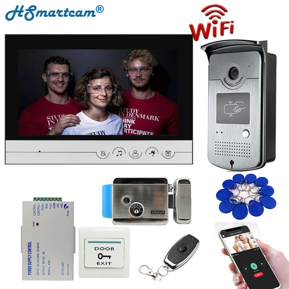 Kameror 9 tum WiFi Video Door Phone Intercom Entry System 1 Monitor + 1 RFID Outdoor Camera + Electric Lock App Phone Unlock