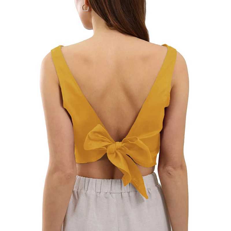 Женские танки Camis Chic 100% льняные майки Tops 2024 Summer Slveless Back Bow Bow Harajuku Basic Top для девочек Camisole Femme Y240420