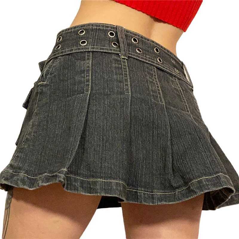 Rokken xingqing y2k denim rok 2000s esthetische vrouwen sprookje grunge lage taille een lijn geplooide rokken mode jeans rok strtwear y240420