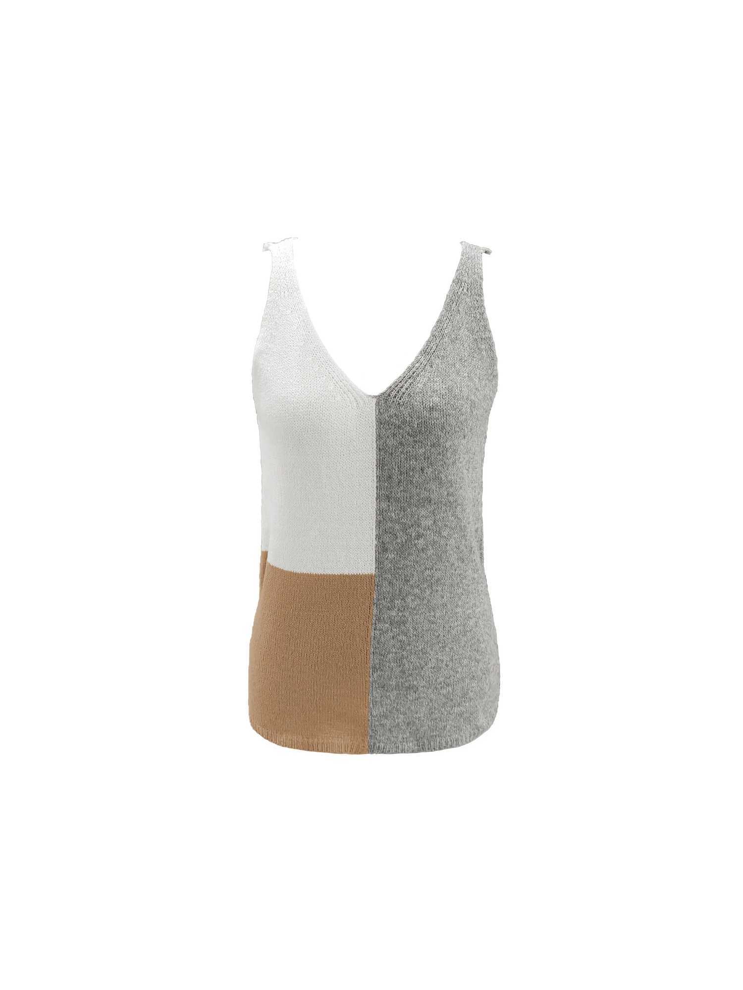 Kvinnors tankar camis färgblock v-hals stickad topp casual slangess tank top för sommar kvinnokläder y240420