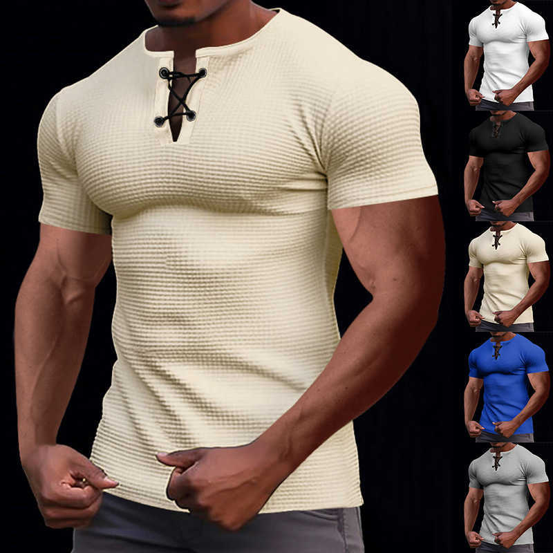여름 스포츠 레저 패션 슬림 핏 통기 가능한 남성 짧은 슬리브 티셔츠 남성 묶인 헨리 셔츠 탑