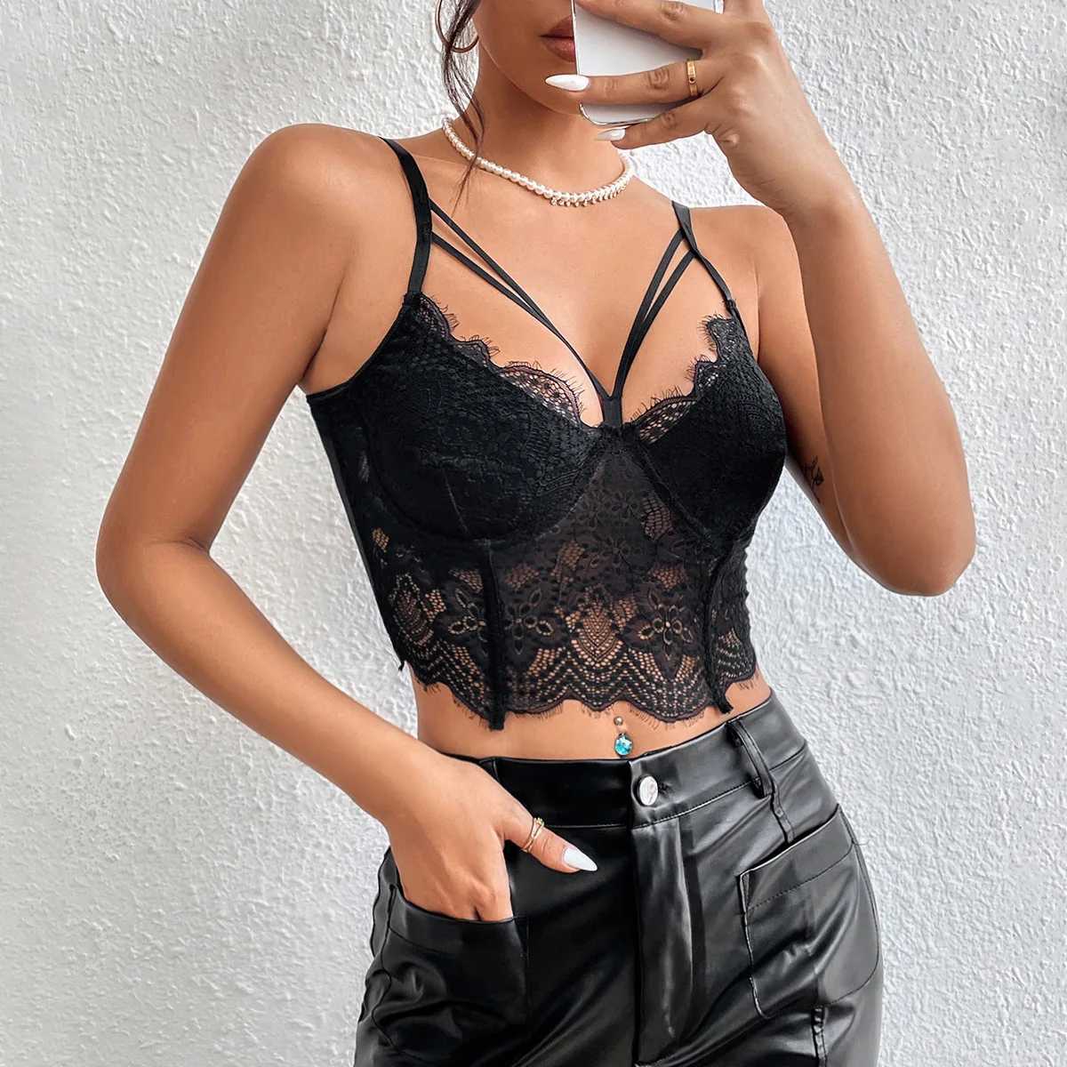 Kvinnors tankar Camis Wemina spetsar ihåliga mesh s genom slanglös skörd topnightclub stil sexig broderi blommig halter kamisole vneck korsett y240420