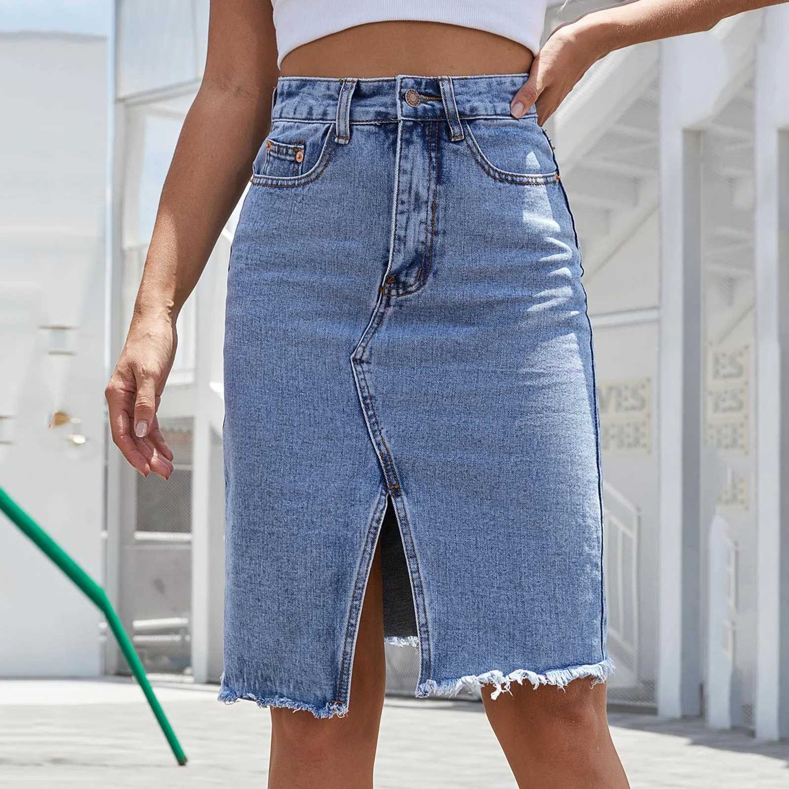 Skirts Chic High Waist Front Split Denim Skirt Womens Fashion Sexy Solid Color Package Hip Slit Jeans Skirts Strtwear Sheath Skirts Y240420