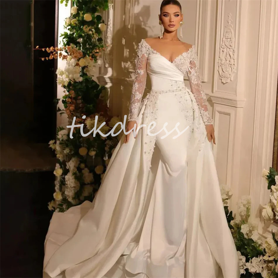 Luxury Mermaid Wedding Dress with Löstagbar tåg Illusion Neck Lång ärm 2 i 1 brudklänning 2024 Pärlor Church Gorgeous Bride Dress Mopping Rode de Mariee Chic