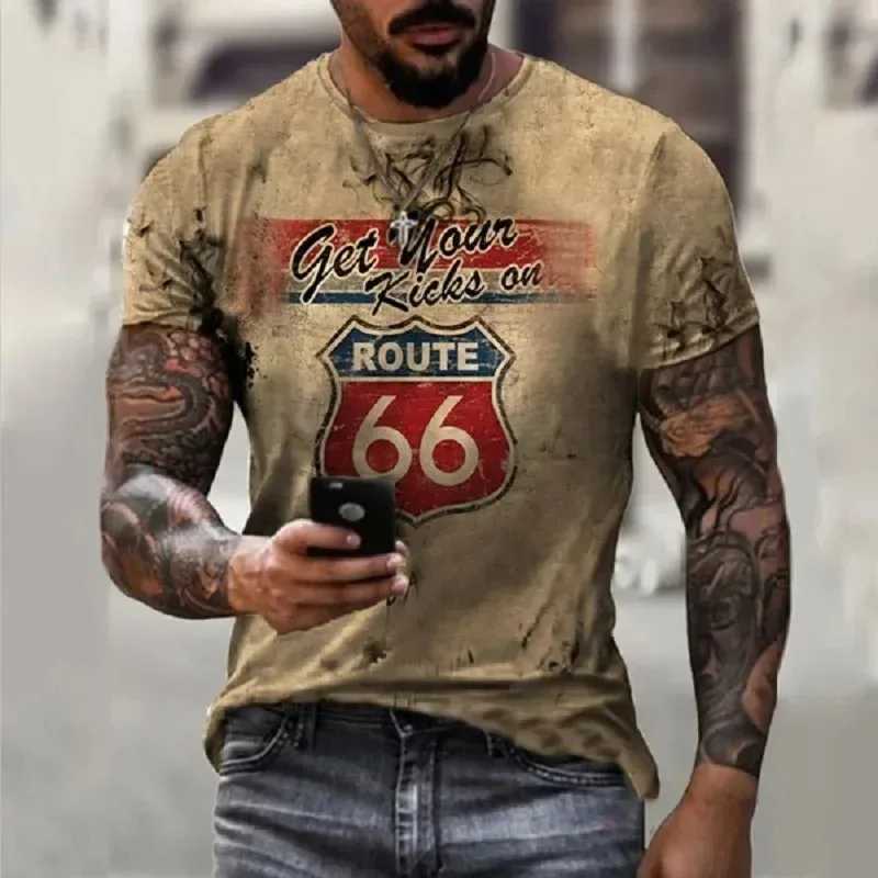 Men's T-Shirts 3D Printed T-shirt US Route 66 Oversized Short Slved Top Fashionable O-neck Pullover Racing Motorcycle Elements Strt T Y240420