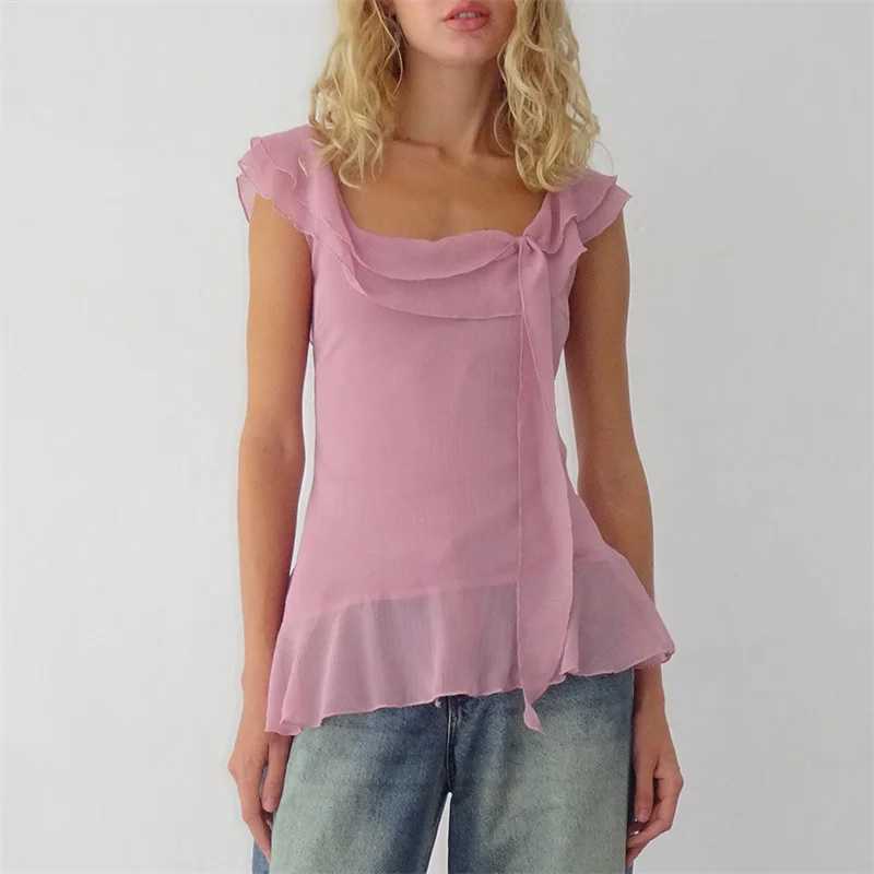 Tanks pour femmes Camis Xingqing Ruffle Trim Y2k Top Summer Femmes SHR S à travers le cou de couches Slev