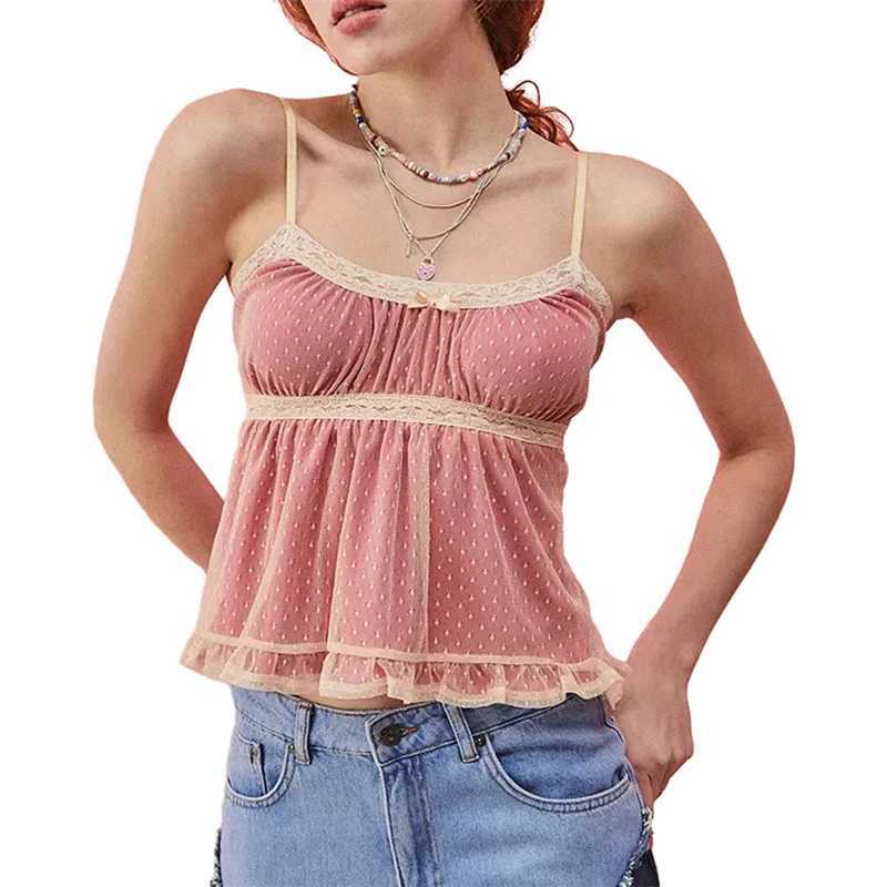 دبابات المرأة Camis Xingqing Coquette Top Y2K ملابس النساء الدانتيل المرقع السباغيتي حزام Slveless Camisole مع القوس 2000s الملابس strtwear y240420