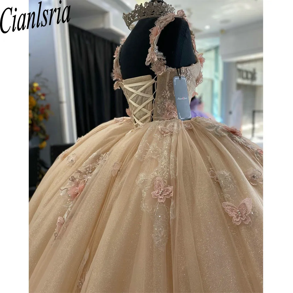 شمبانيا قبالة الكتف كرات كرات الثوب Quinceanera فساتين ثلاثية الأبعاد الزهور