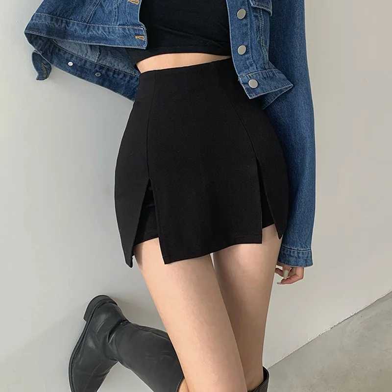 Skirts Korean Style Women Skirt Suit Hakama Sexy Skinny Super High Waist Double Slit Hip Wrap Y240420