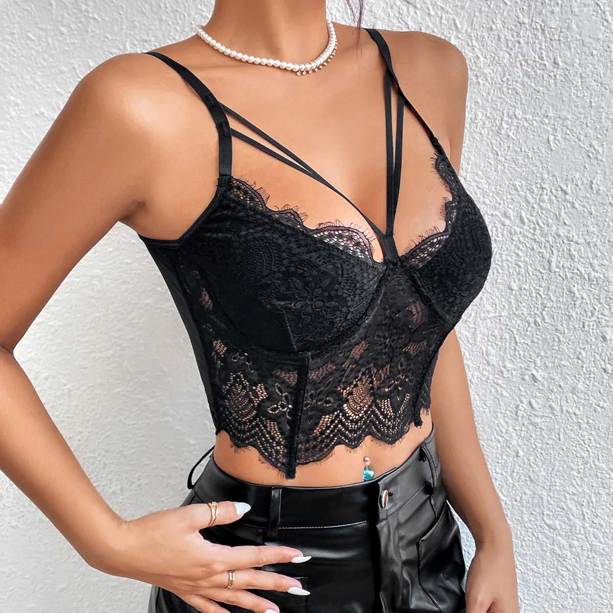 Kvinnors tankar Camis Wemina spetsar ihåliga mesh s genom slanglös skörd topnightclub stil sexig broderi blommig halter kamisole vneck korsett y240420