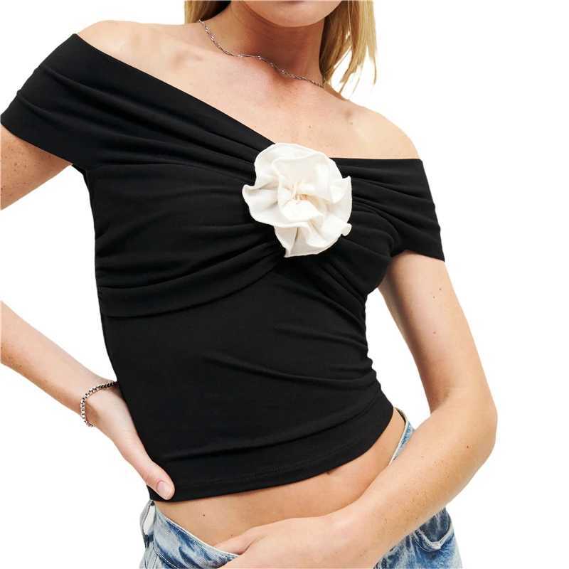 Women's Tanks Camis Xingqing y2k Clothes 2000s Crop Top Summer Women Contrast/Solid Color Off Shoulder Slveless T Shirt with 3D Flower Strtwear Y240420