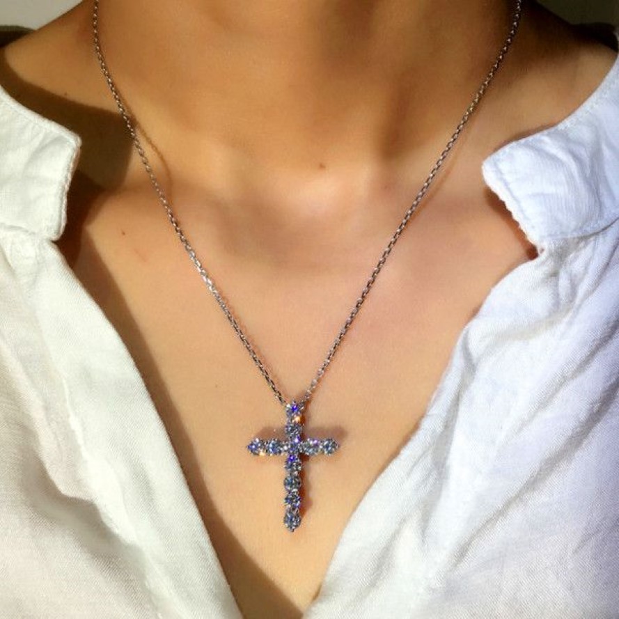 Cute Female Diamond Necklace Fashion Cross Style Pendant Necklace Big 925 Sterling Silver Choker Necklaces For Women233u