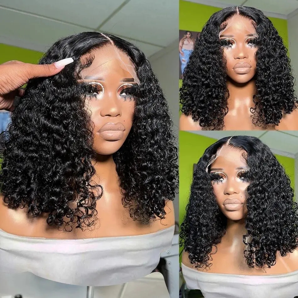 Glueless Deep Wave 4x4 Kısa Dantel Ön Peruk Bob İnsan Saçlı Peruklar HD Şeffaf% 180 Brezilya Remy Kinky Kıvırcık Kapatma Siyah Kadınlar İçin Frontal Peruk