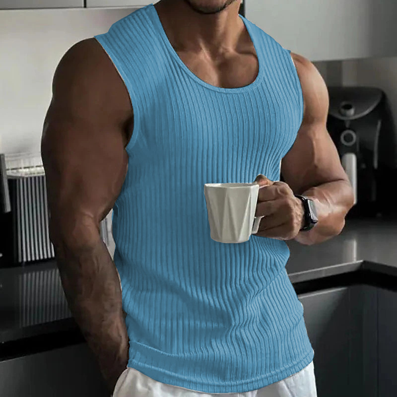 sports vest summer muscle plus size men's sleeveless t-shirt wide shoulder knit stripe fitness casual slim home vest men