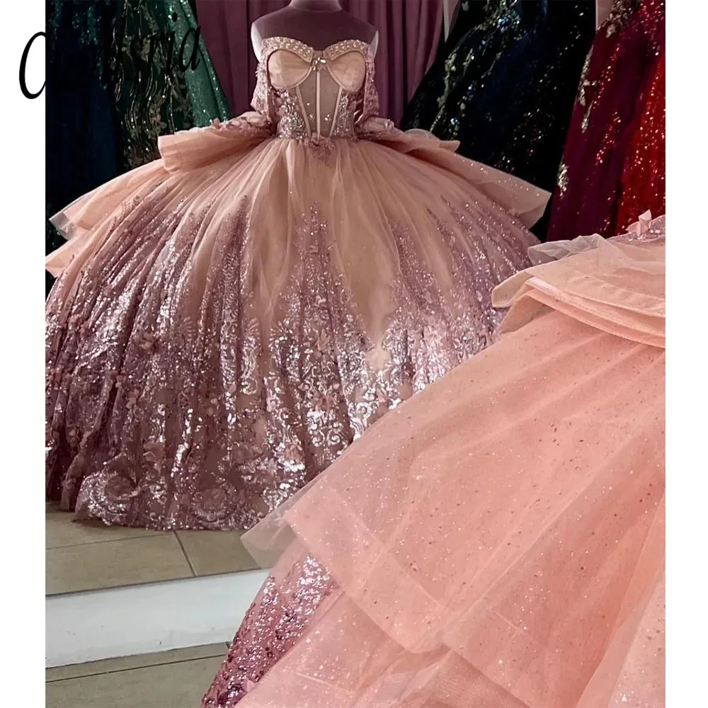 Sparkly Blush Quinceanera Dress Ball Glows Applicies Beading Sequines Puffy Skirt Sweet 15 16 Dress Vestido