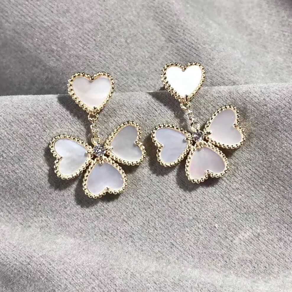 Designer Brand Fashion Van Love Earrings 925 Sterling Silver Plated With 18k Gold White Fritillaria Heart Shaped Jewelry