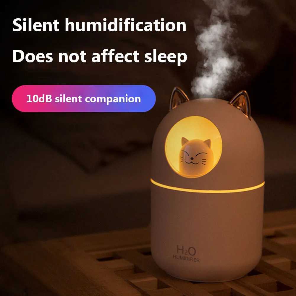 Luftfuktare 300 ml luft luftfuktare söt tecknad katt doft diffusor med glöd USB kall dimma generator lämplig för hushållsbil luftrenare färskare y240422