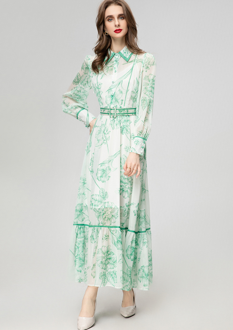 Women's Runway Dresses Turn Down Collar Long Sleeves Printed High Street Fashion Maxi Vestidos with Belt