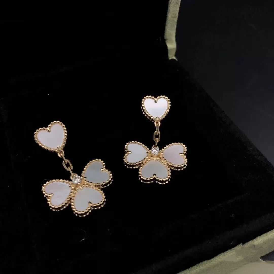 Tasarımcı Charm Van Love Küpe 925 STERLING Gümüş Çiçek 18K Altın Beyaz Fritillaria Kalp Şeklinde