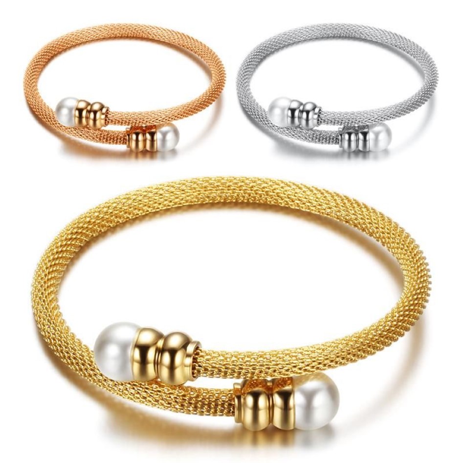Bangle Trendy Aço inoxidável Pearl Pulseiras de mangueiras abertas para mulheres Charm Jewelry Gold Silver Color Drop184w