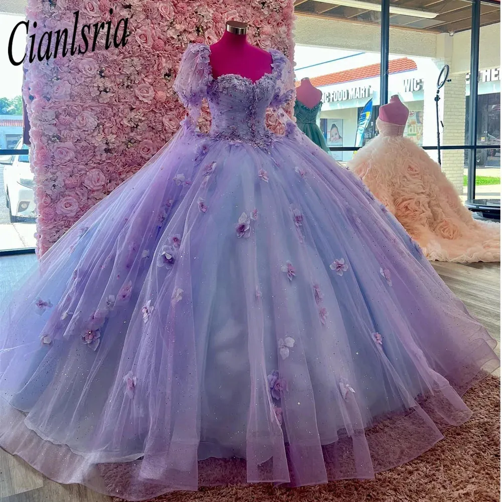 라일락 레이스 Quinceanera 드레스 볼 가운 2024 구슬 아플리케이 긴 소매 달콤한 16 드레스 레이스 업 멍청이 드 15