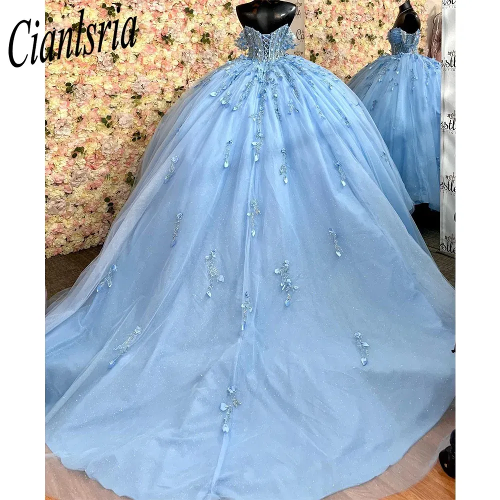 Sky Blue Sparkly Quinceanera قبالة الكتف الترتر كرة ثوب Tulle Party Sweet 15 16 فستان Quinceanera Anos