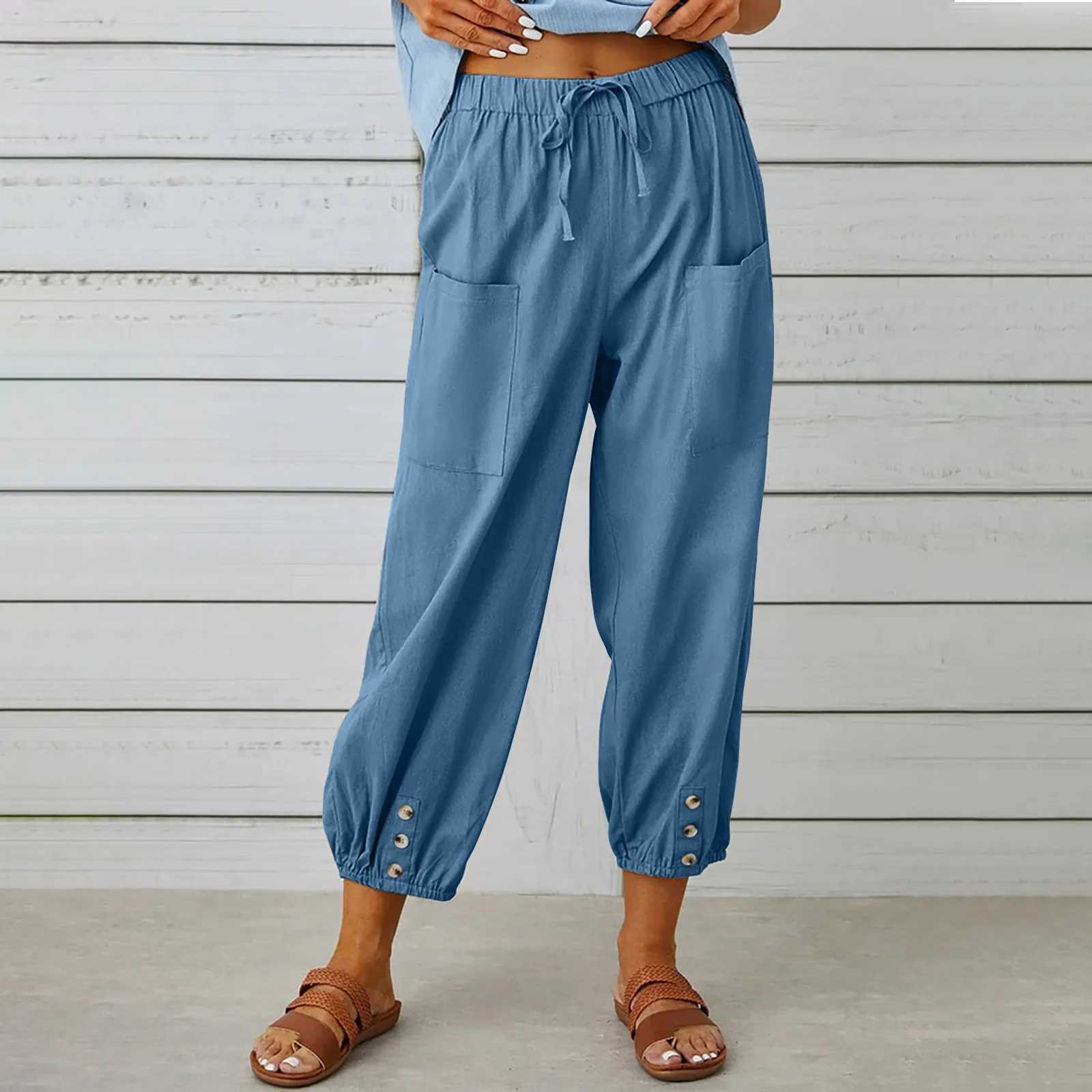 Pantaloni da donna capris womens sciolto di lino in cotone casual tasca alta pantaloni gambe lunghe y240422