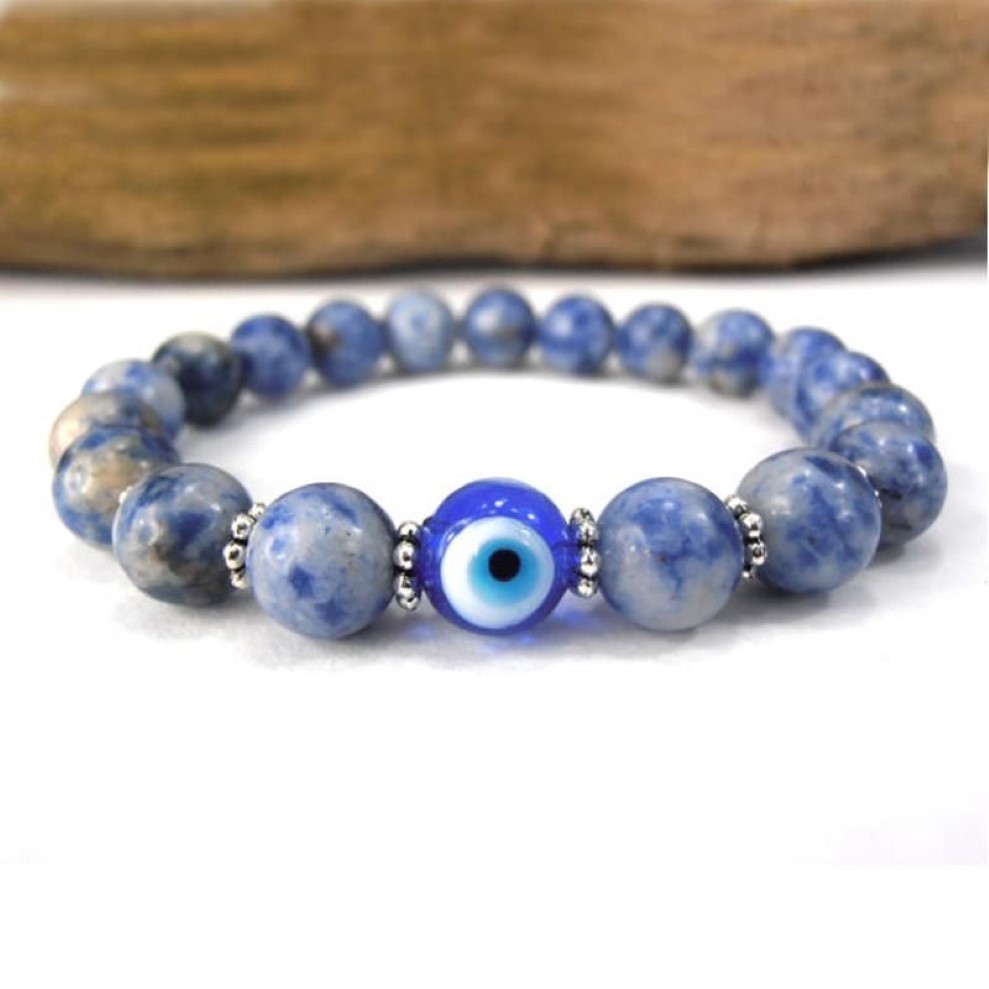 SN0577 Jasper Evil Eye Eye Bracelet Good Luck Eye Charmel Blacelet Blue and White Stone armband voor heren291P