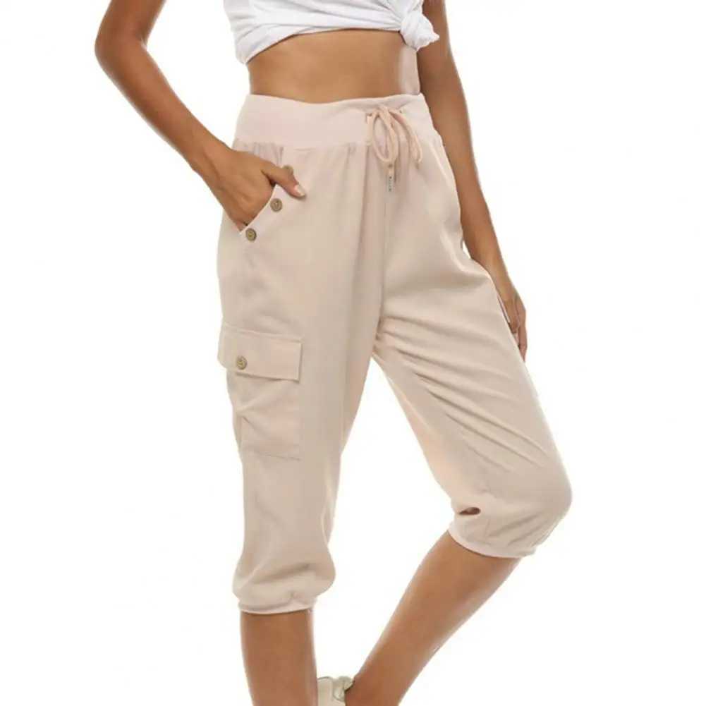 Women's Pants Capris Women Summer Pants Sweatpants Elastic Waist Solid Color Drawstring Soft Loose Soft Casual Button Decor Cropped Pants Y240422