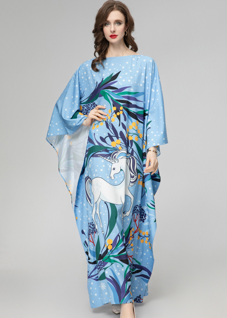 Women's Runway Dresses O Neck Batwing Sleeves Printed Loose Design Fashion High Street Holiday Long Robes