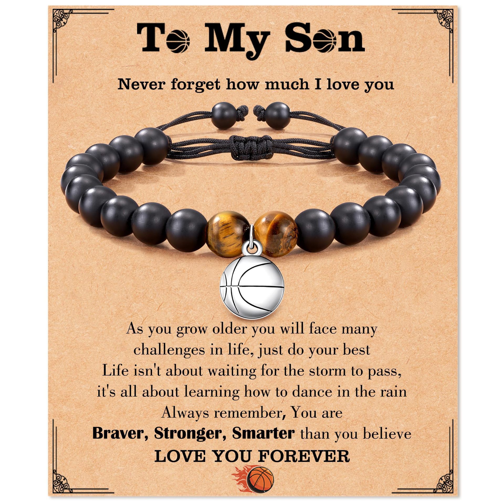 Sports Bracelet TO My Son Black Matte Basketball Pendant Bracelet Tiger Eye Stone Woven Black Matte Boy Girl Jewelry Charm Gift Fashion Wholesale 7 Design #078