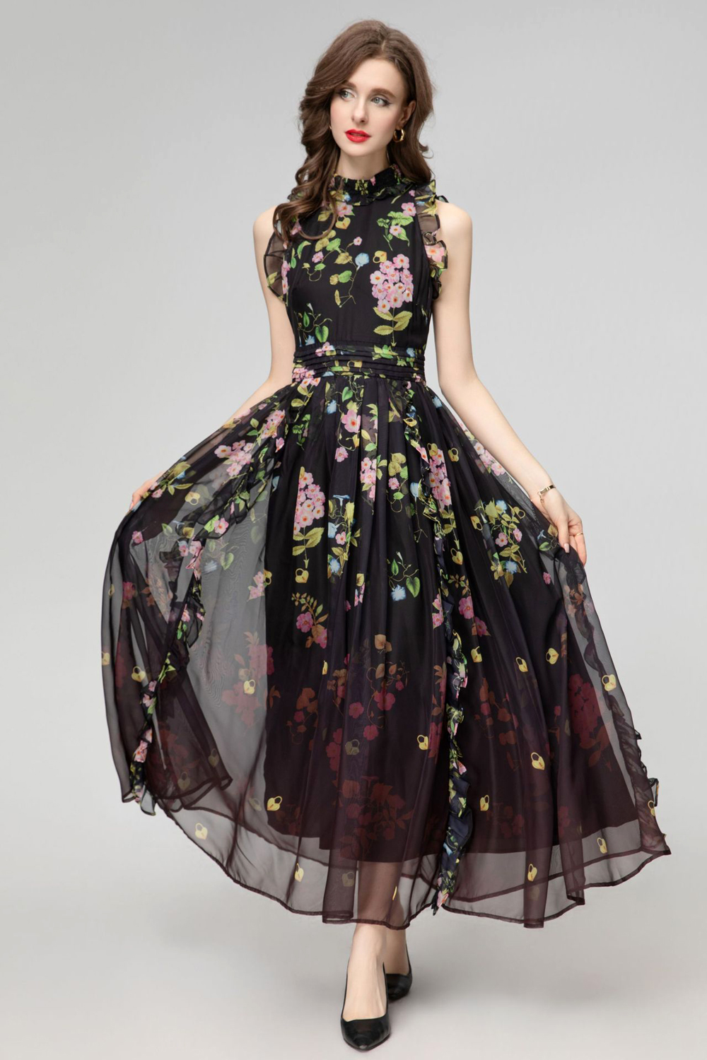 Runway -jurken voor damesgesneden stand kraag mouwloze gedrukte bloemen geplooide mode casual maxi vestidos