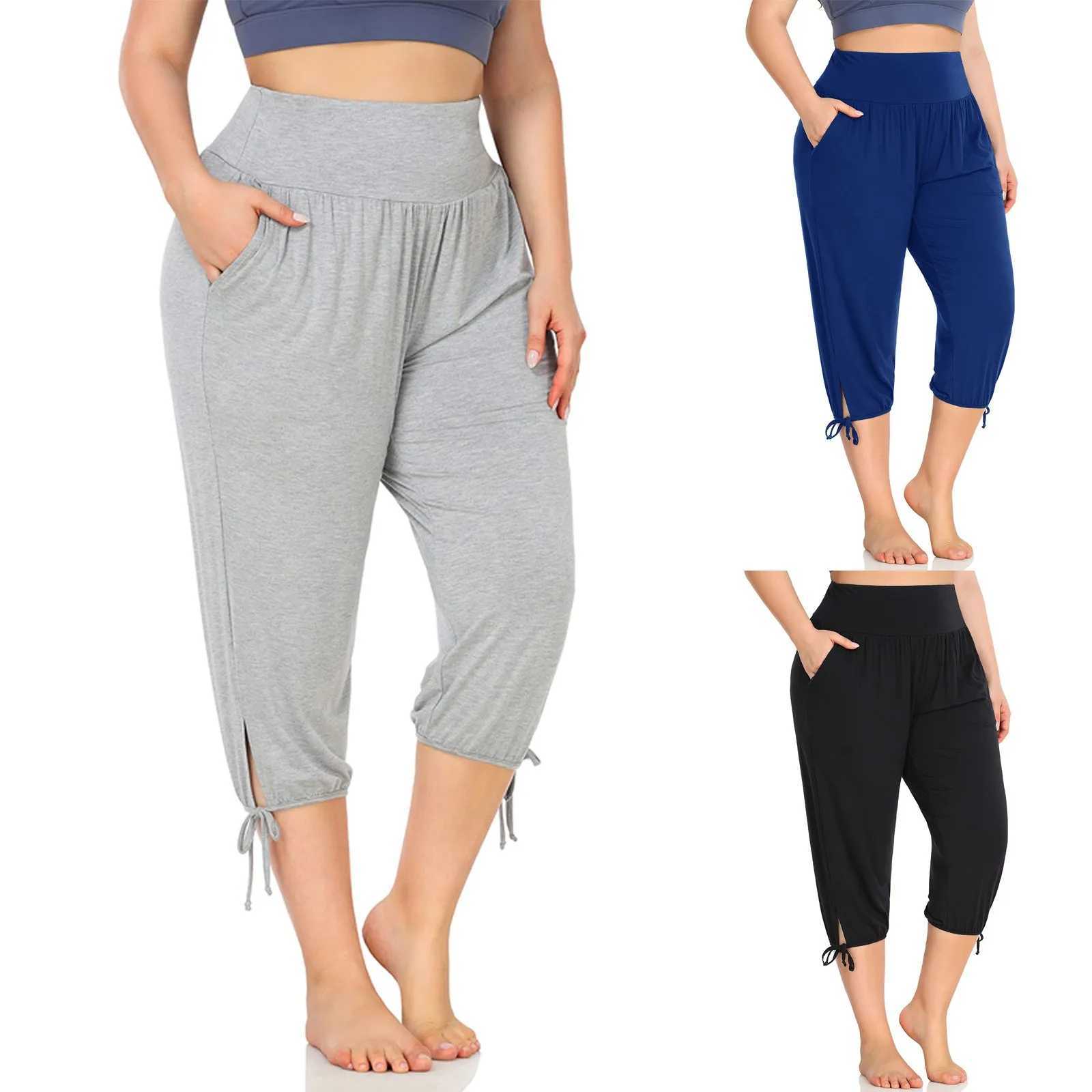 Women's Pants Capris New Summer Womens Plus Size Yoga Capris Indoor Casual Solid Comfortable Relaxing Jogger Wide Trousers with Pockets Y240422