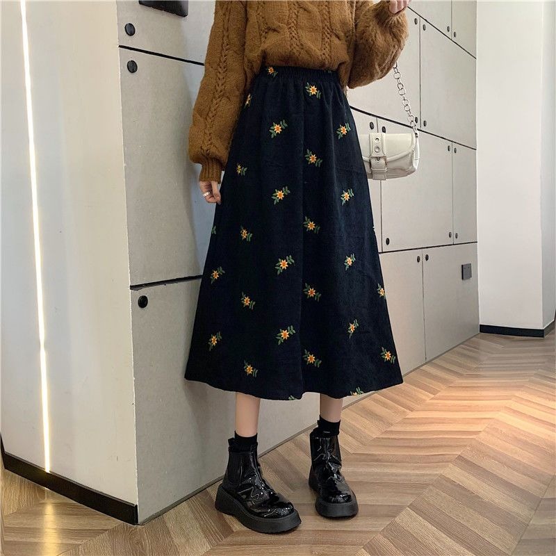 Corduroy Skirts Women Autumn and Winter New High-waisted Mid-calf Length A-line Skirt Office Lady Floral Embroidery Elegant Versatile Fashion Daily Outfits Female