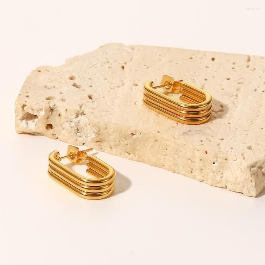 Brincos de argola uhbinyca tripla geométrica J Shape Stainles Stone Gold Bated Chunky Stud para Lady Declaração Jóias inteiras Non FA3442