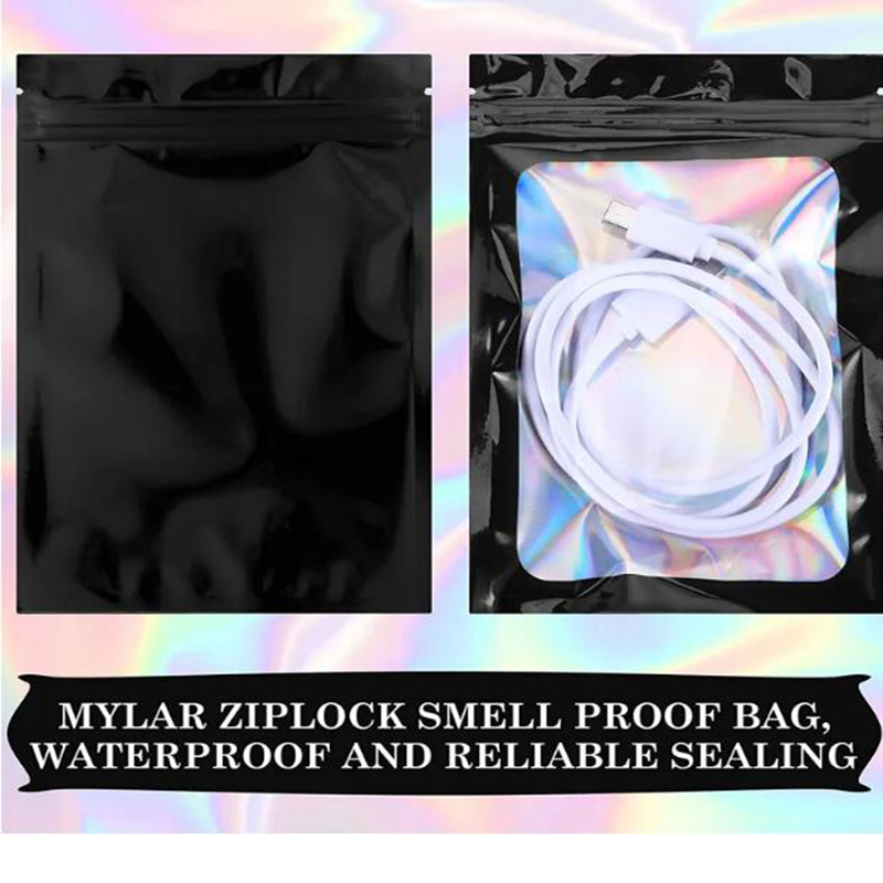 Black Smell Proof Mylar Bags Resealable Odor Proof Bags Earrings Ring Nail Jewelry Phone Case Cosmetic Storage Holographic Packaging