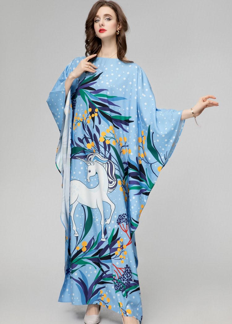 Women's Runway Dresses O Neck Batwing Sleeves Printed Loose Design Fashion High Street Holiday Long Robes