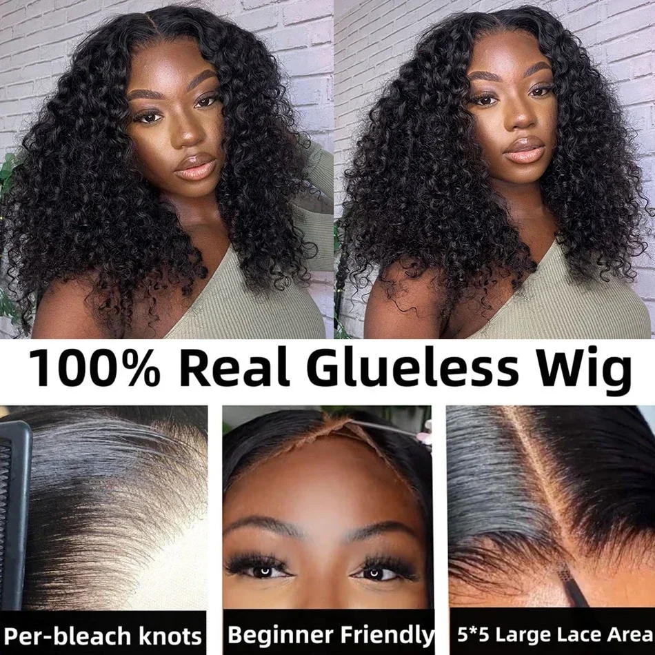 Glueless Deep Wave 4x4 Short Lace Front Wig Bob Human Hair Wigs HD Transparent 180% Brazilian Remy Kinky Curly closure Frontal Wig For black Women